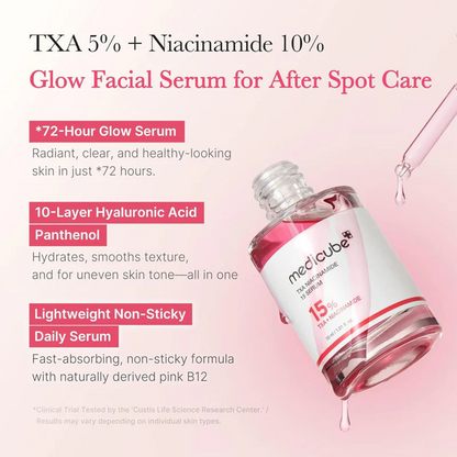 Key benefits of Medicube TXA Niacinamide 15 Serum: fading dark spots, melasma care and brighter, more even skin tone