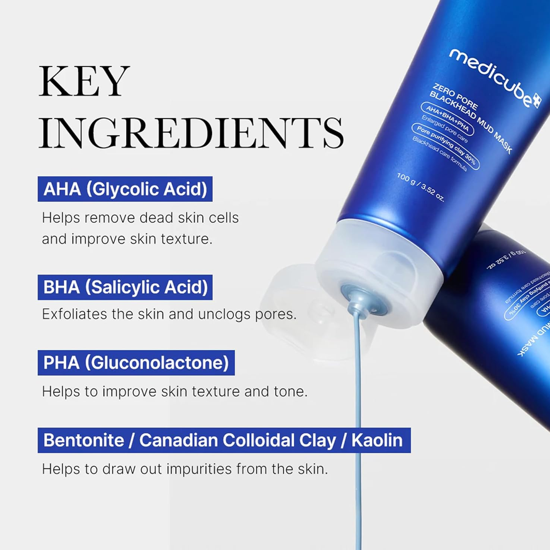 Key benefits of Medicube Zero Pore Blackhead Mud Mask: clears blackheads in 3 minutes and reduces pore appearance