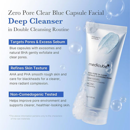 Key benefits of Medicube Zero Pore SA Clear Capsule Cleansing Foam: deep pore cleansing, sebum control and smoother texture