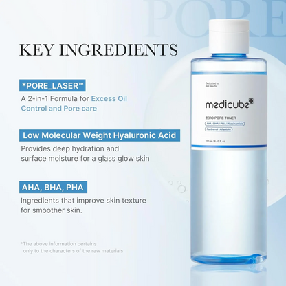 Key benefits of Medicube Zero Pore Toner: tightens pores, controls sebum and gently exfoliates